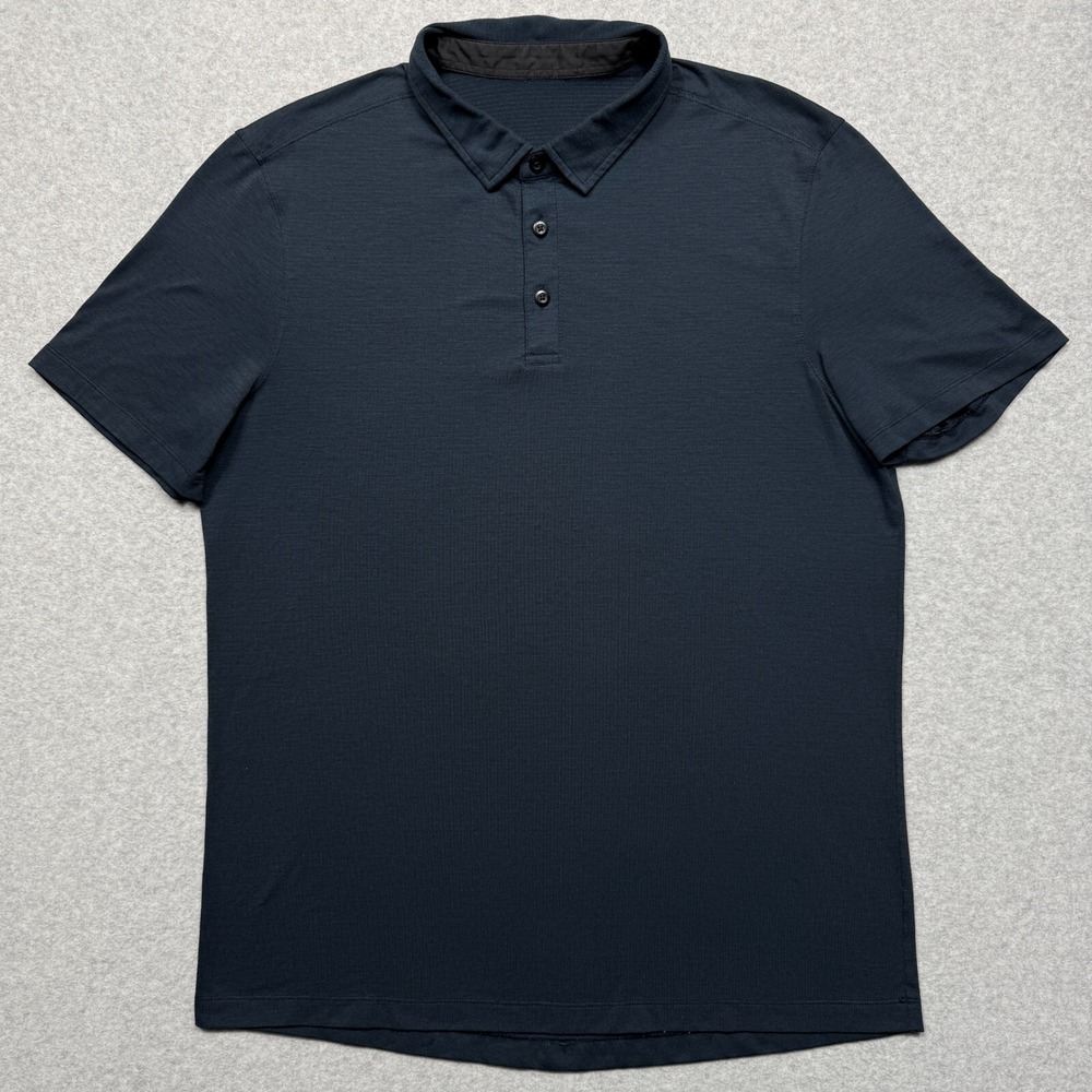 Lululemon Polo Shirt Mens Medium Blue Evolution‎ Slim Fit Short Sleeve Stretch